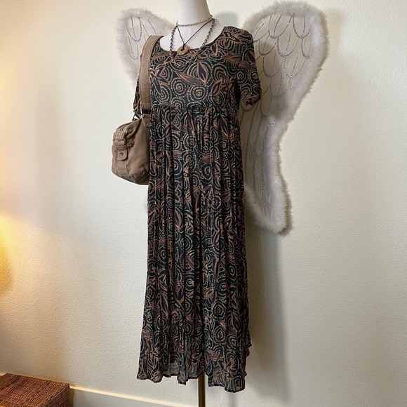 Indie Grunge Granola Girl‎ Brown Green Maxi Dress Pleated Sheer Babydoll 90s - Picture 3 of 6